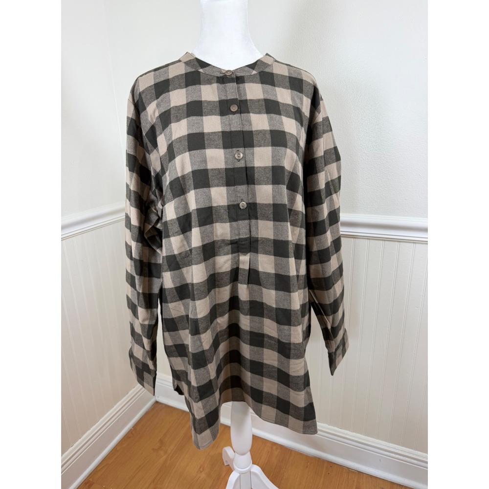 Joan Rivers Tunic Top Women XL Brown‎ Black Buffalo Plaid Button Back A385129